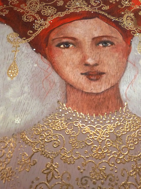 Blanche, pensive. Painting on wood: Redheaded woman in an icon style