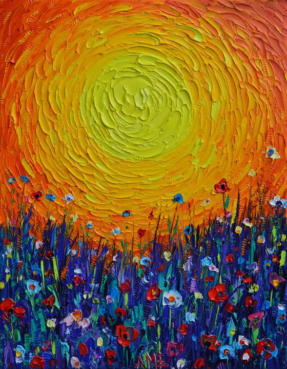 MEADOW SUNSET abstract colorful wildflowers landscape textural impressionist impasto palette knife oil painting by Ana Maria Edulescu