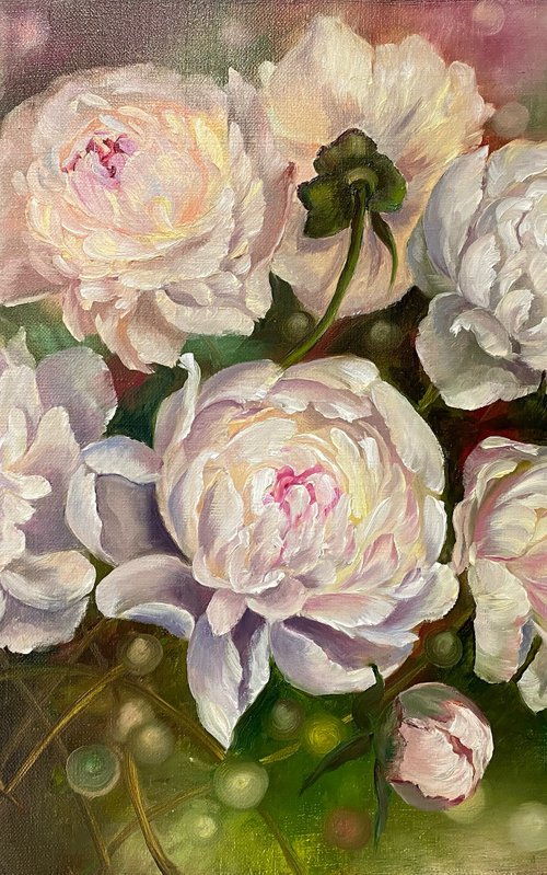 Peonies.  Aerial oil painting. by Larisa Batenkova