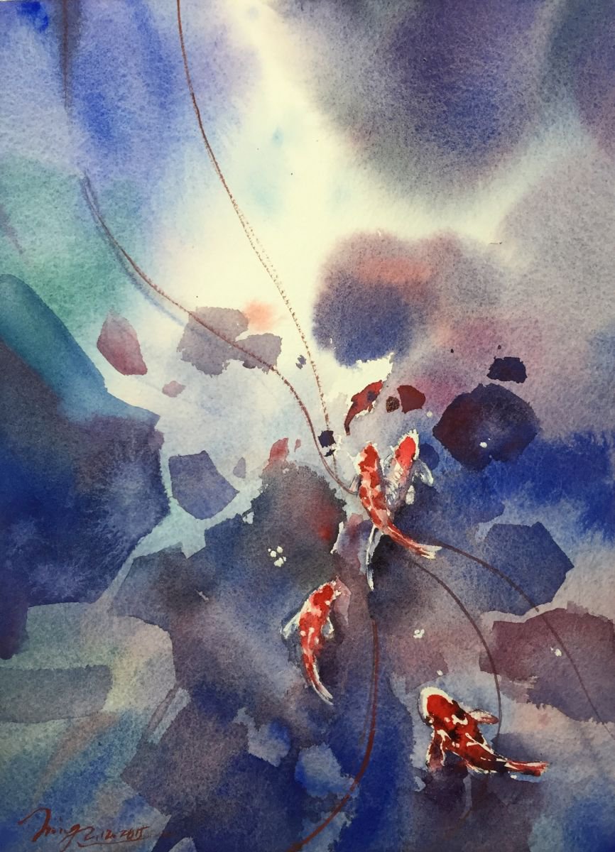 Impressionistic Animal Watercolour By Jing Chen, 9 X 12, Fish Romance, Original Artwork