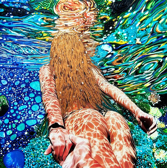 Follow me... Woman underwater sea, ocean with blue green color waves with bright sun glares. Impressionistic artwork. Original painting wall art home decor. Art Gift