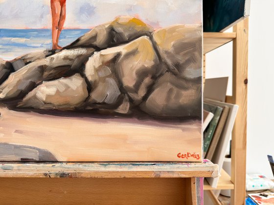 Girl on the Rocks - Woman on Beach Original Coastal Art Painting