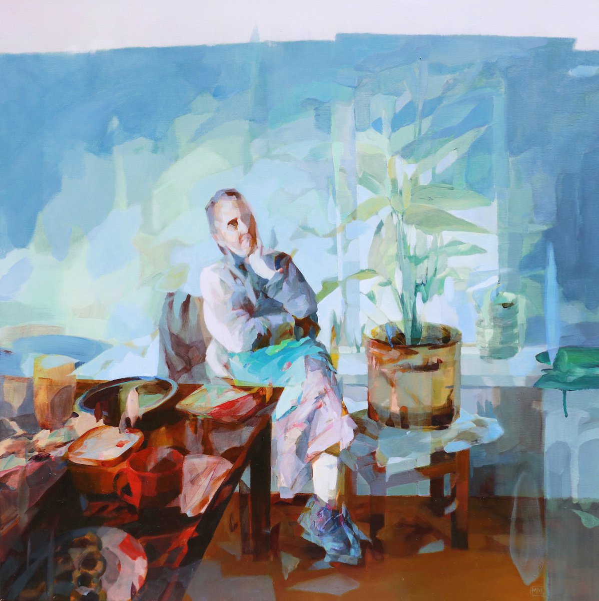 Expressive Portrait Oil Painting By Melinda Matyas, 35 X 35", Breakfast Forever, Original Artwork