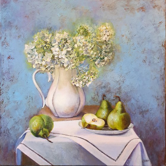 "Still Life with Hydrangea and Pears"  pears  liGHt original painting PALETTE KNIFE  GIFT (2019)