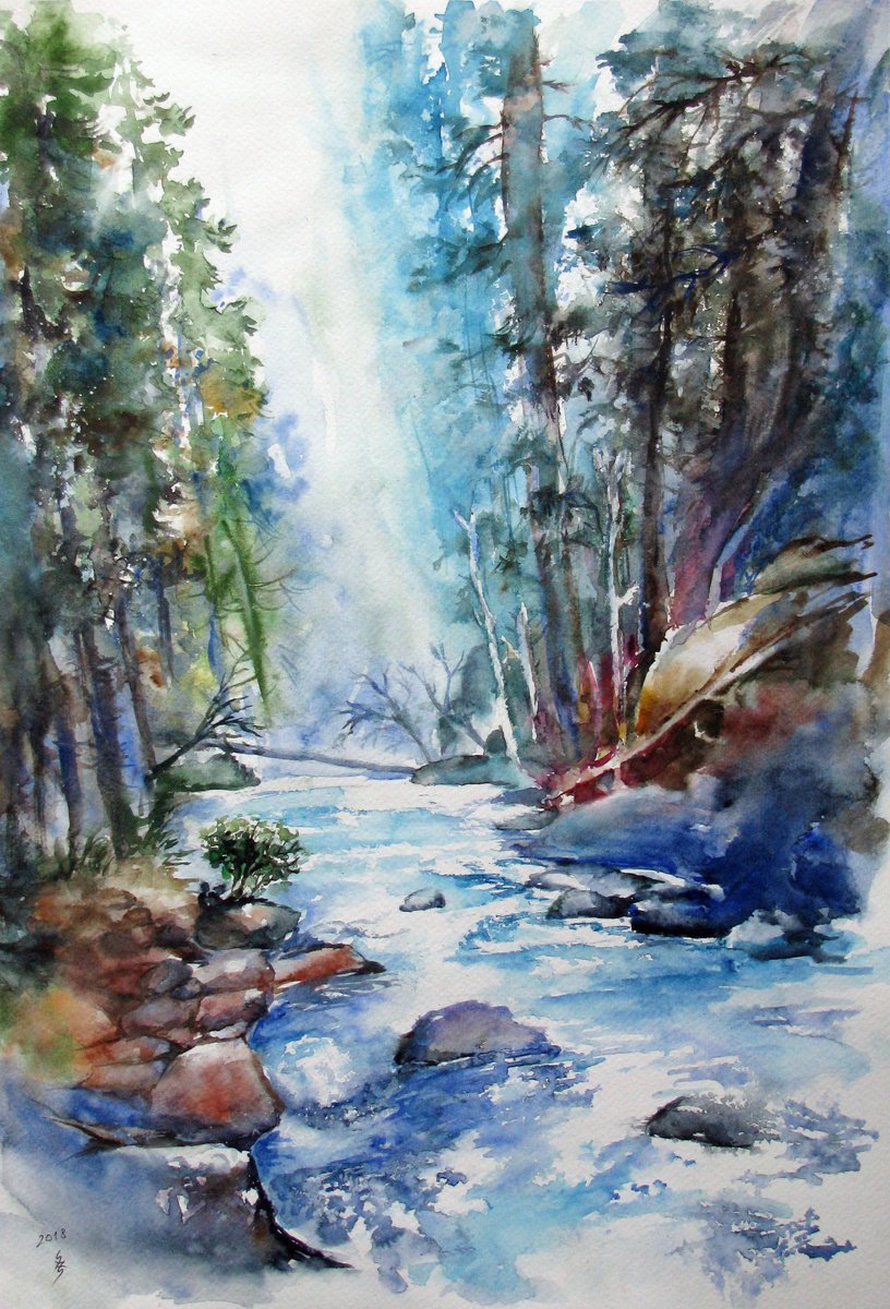 Impressionistic Landscape Watercolour By Szekelyhidi Zsolt, 13 X 19", Forest Stream No. 1, Original Artwork