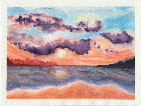 Original Watercolour approx. 6.25" x 8.25"  Seascape Painting 'Distant City' by Stacey-Ann Cole (Unframed)