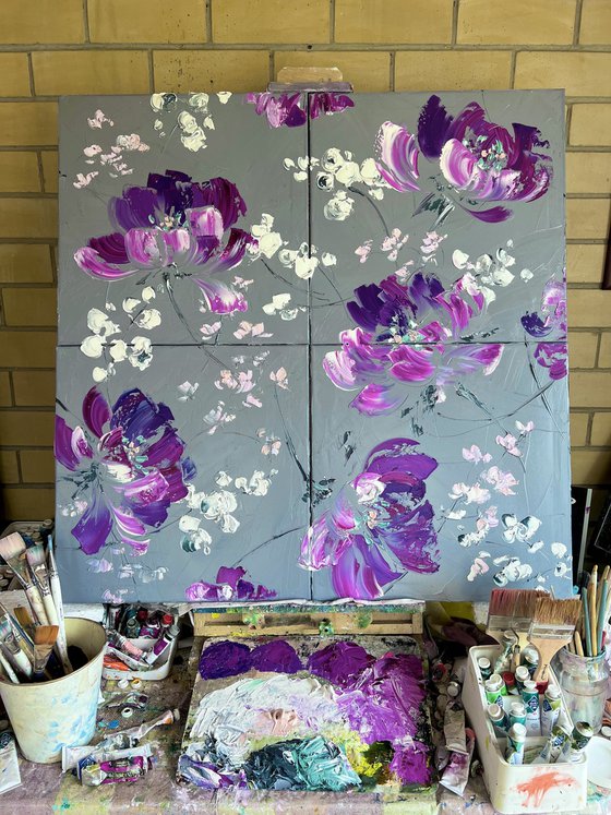 VERY PERI GREENHOUSE 1 - Purple Abstract flowers. Violet floral art.