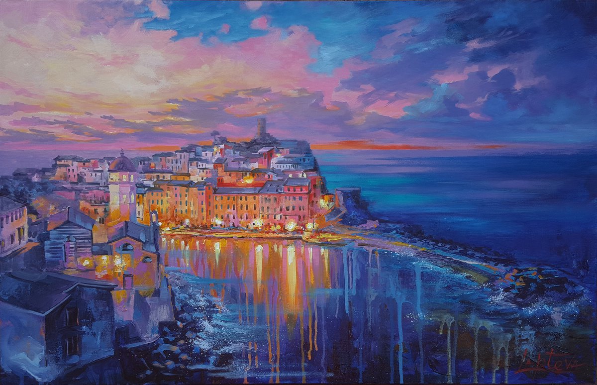 Impressionistic Landscape Oil Painting By Viktoria Lapteva, 30 X 20", Sunset In Vernazza, Original Artwork