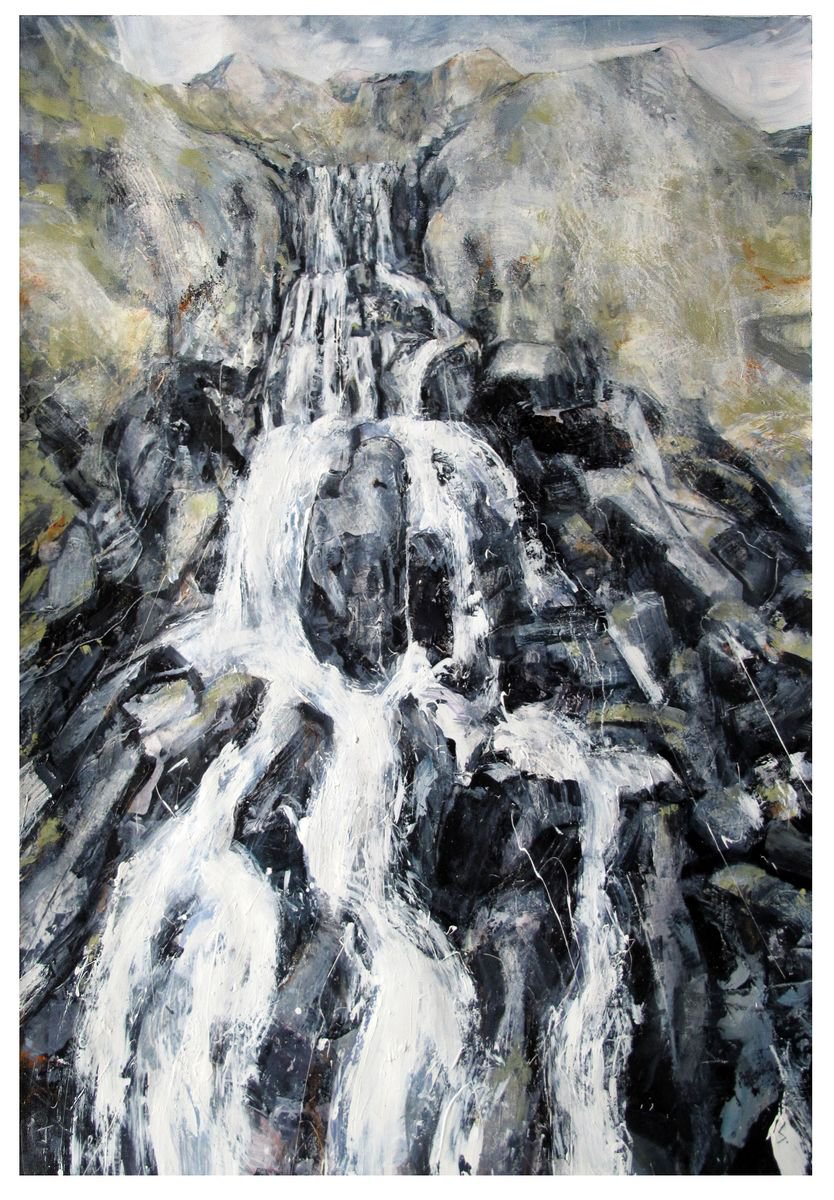 Expressive Landscape Painting By John Sharp, 26 X 37, Falls, Snowdonia, Original Artwork