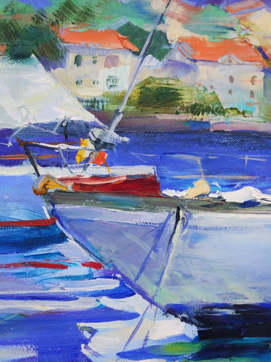 Yachts in Montenegro . Original plein air oil painting .