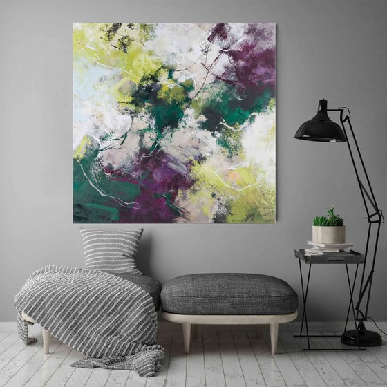 "Galaxy" Abstract green purple white art