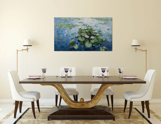 White Water Lilies - Large Original Oil painting 120 x 70 cm