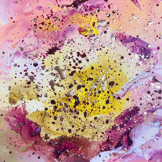 THE BIRTH OF TREASURE - Decorative flower. Floral abstraction. Large peony. Gold drops. Light pink. Dew. Fragility. Delight.