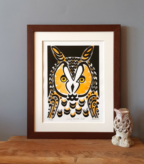 Framed Long-eared Owl limited edition linocut (coloured 3/30)