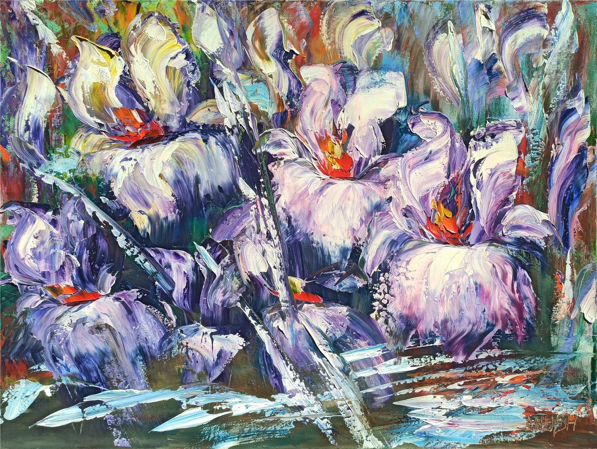 Abstract Botanical Oil Painting By Anush Emiryan, 31 X 24, Purple Abstract Flowers, Original Artwork