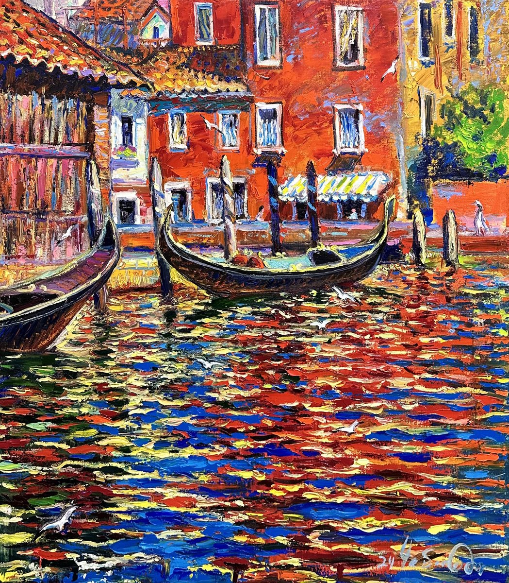 Impressionistic Cityscapes Oil Painting By Andrii Chebotaru, 31 X 35, Bright Venice Venice, Italy., Original Artwork