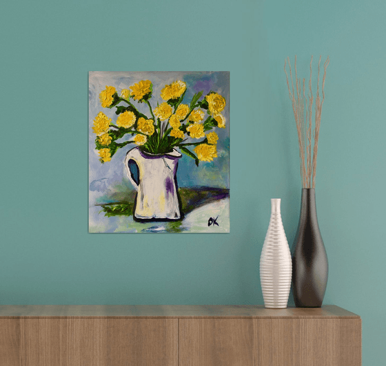 Blue collection, still life with dandelions. Wild Flowers in a White Jar #10.