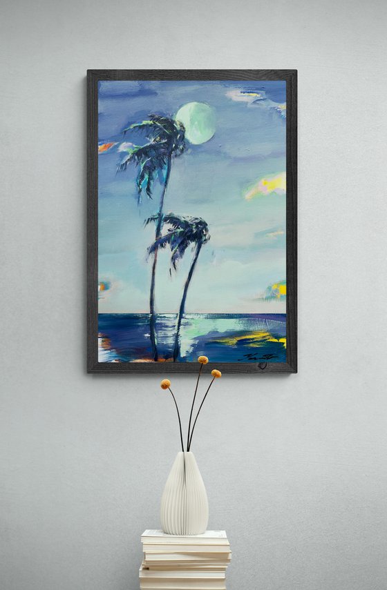 Delicate painting - "Green moon" - Pop Art - palms and sea - night seascape - 2022