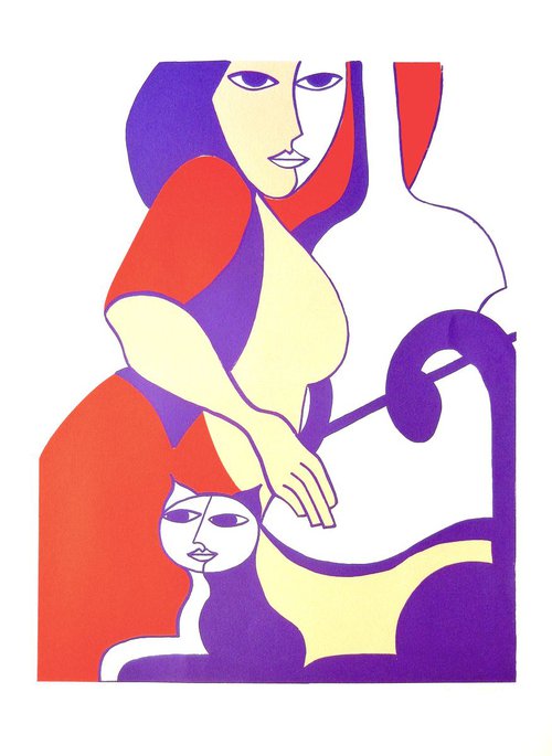 Women with music and cat by Hildegarde Handsaeme
