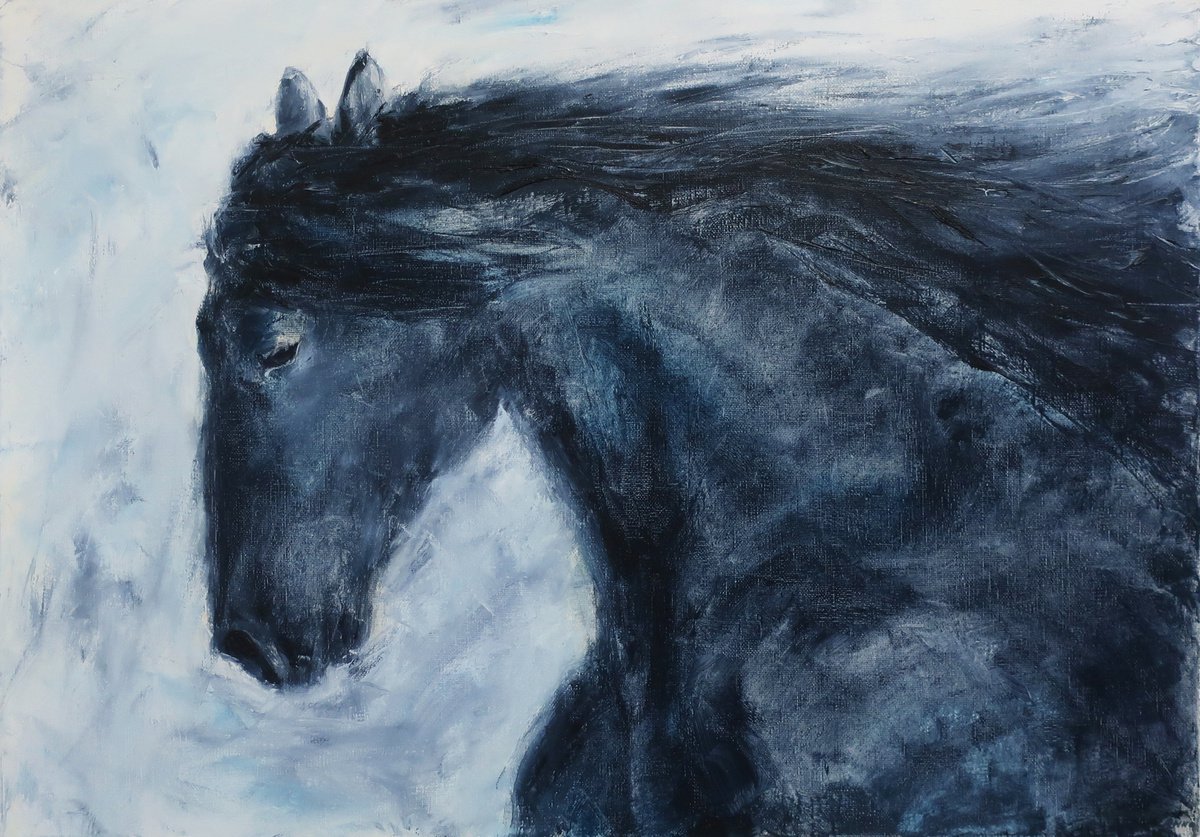 Oil painting black horse by Anna Shchapova