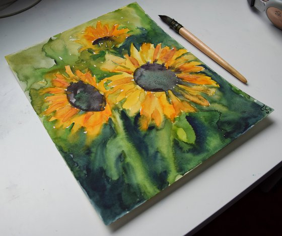 Sunflowers painting, Yellow Flowers Original Watercolor Painting, Thanksgiving Gift