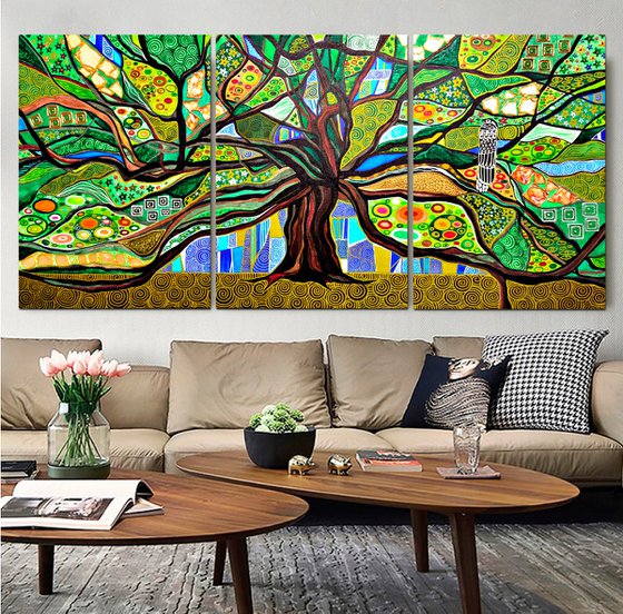 Green abstract painting Tree of life. Large abstract wall art