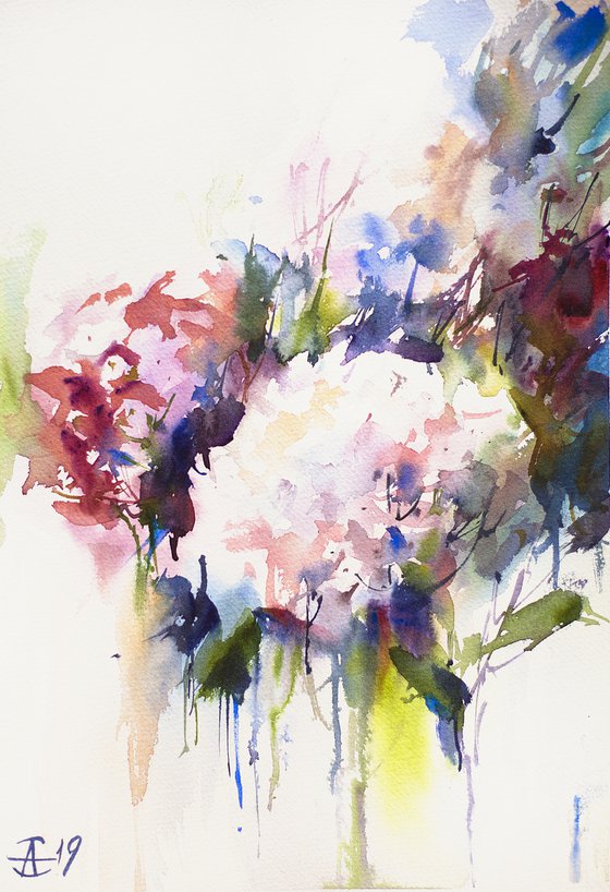 Hydragenias. Abstract Watercolor. Small original flowers botanical impressionistic decor detail spring summer inspiration