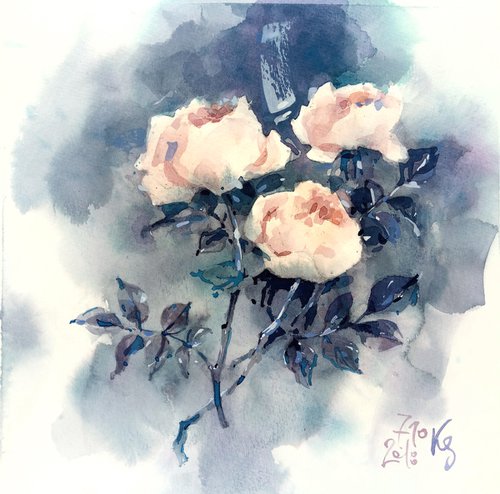 "Dance. Three white roses on a background in shades of thunderous gray" watercolor sketch original illustration by Ksenia Selianko
