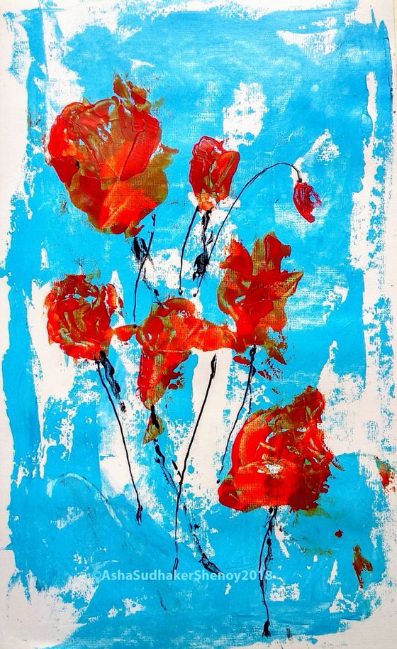Red Roses Abstract Floral GIFT Art Expressionism Framed liGHt painting 8.5"x 13.75"