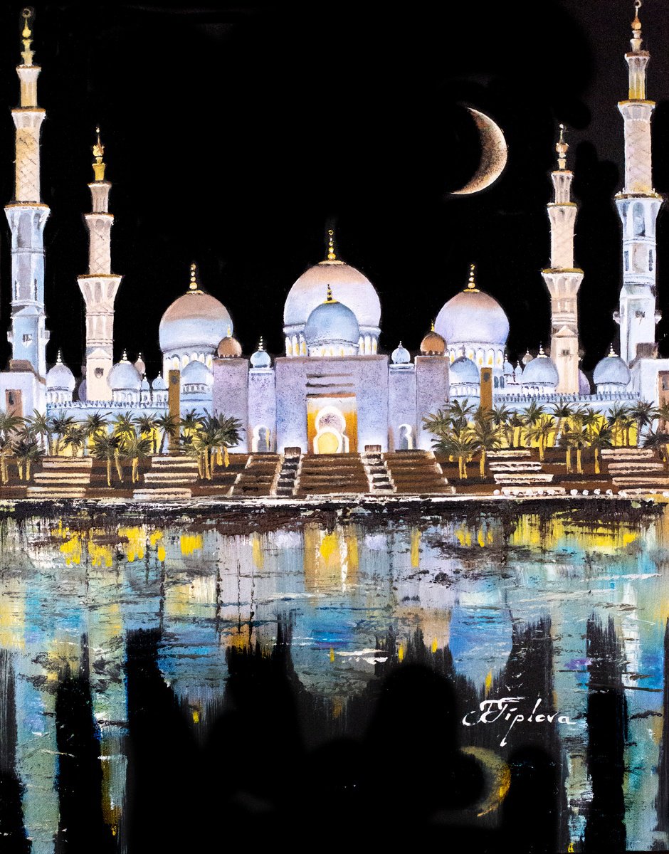 Impressionistic Landscape Oil Painting By Tetiana Tiplova, 12 X 16", The Sheikh Zayed Mosque., Original Artwork