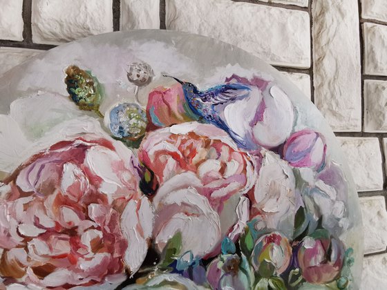 Peonies flowers painting on round canvas, Textural white floral painting