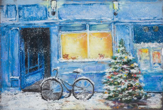 Christmas time in Honfleur, France. Fantasy. France winter small painting blue yellow magic