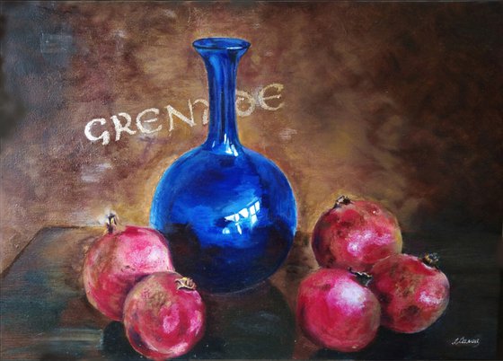 Still life with pomegranates and blue vase
