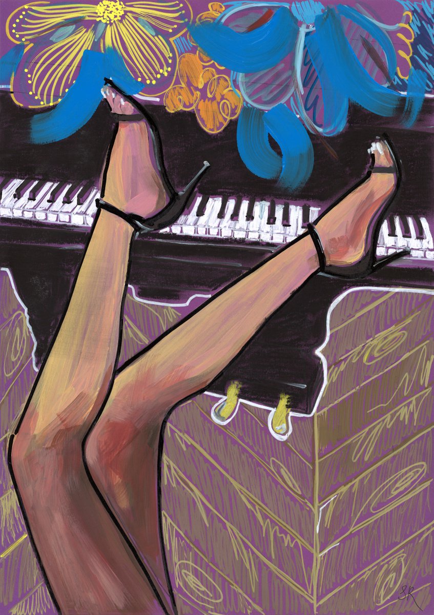 PIANO GIRL - grey acrylic abstract on paper, fashion, sexy woman, wall art by Sasha Robinson