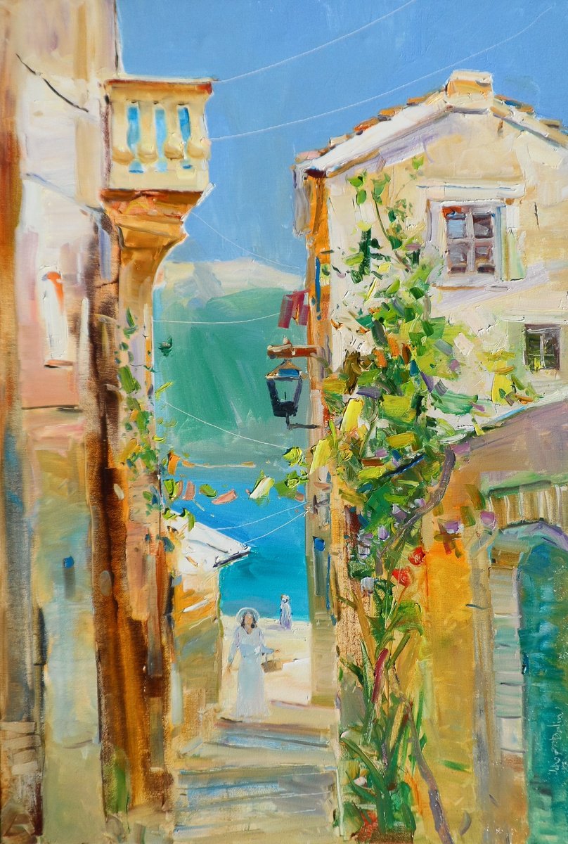 Impressionistic Landscape Oil Painting By Yehor Dulin, 22 X 31", "Walk Through The Streets Of Italy ", Original Artwork