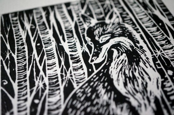 Night Fox Linocut Print
