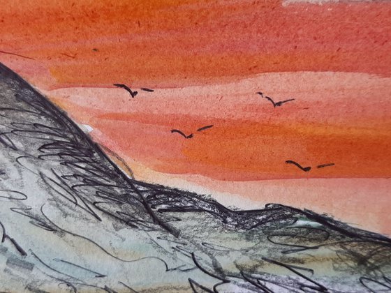 Sunset over Croagh Patrick - a watercolour and pen study