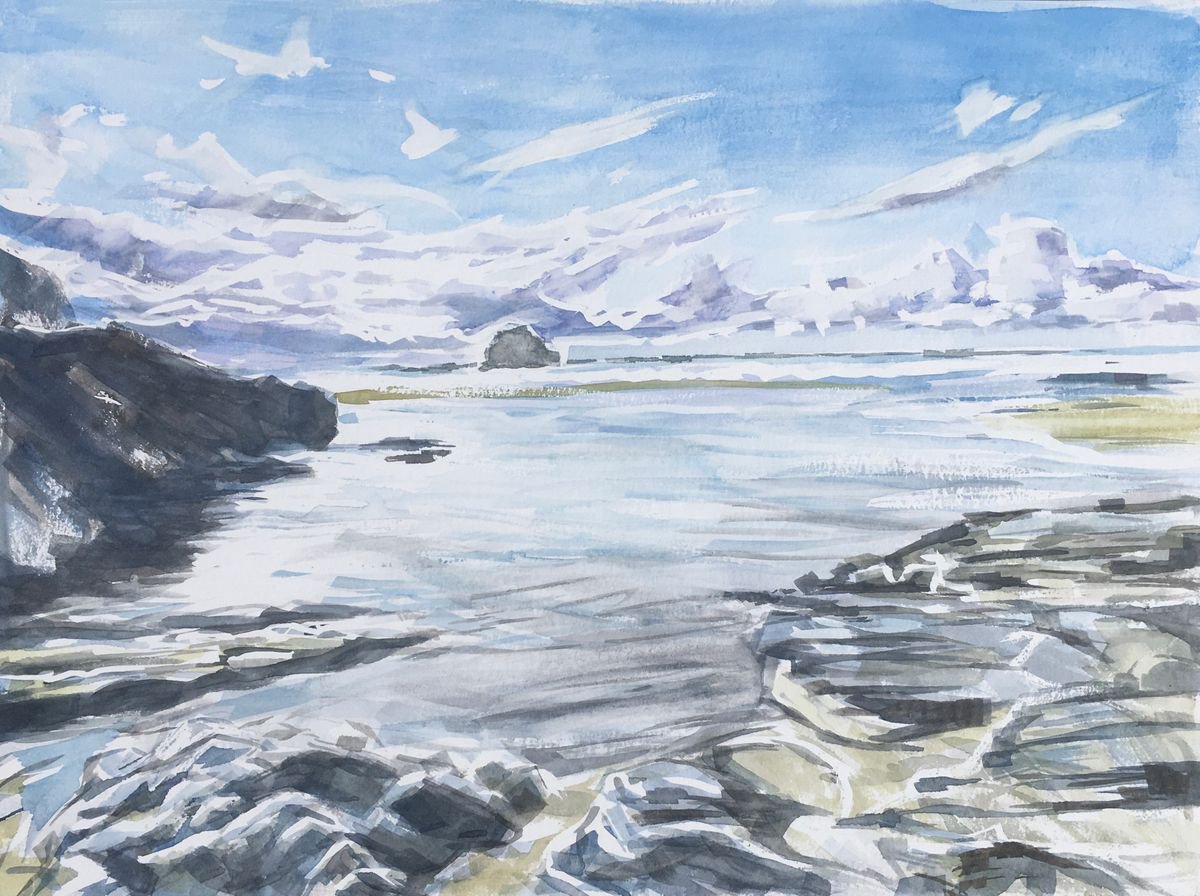 Impressionistic Landscape Watercolour By Louise Gillard, 16 X 12", Trebarwith Strand Tide, Original Artwork