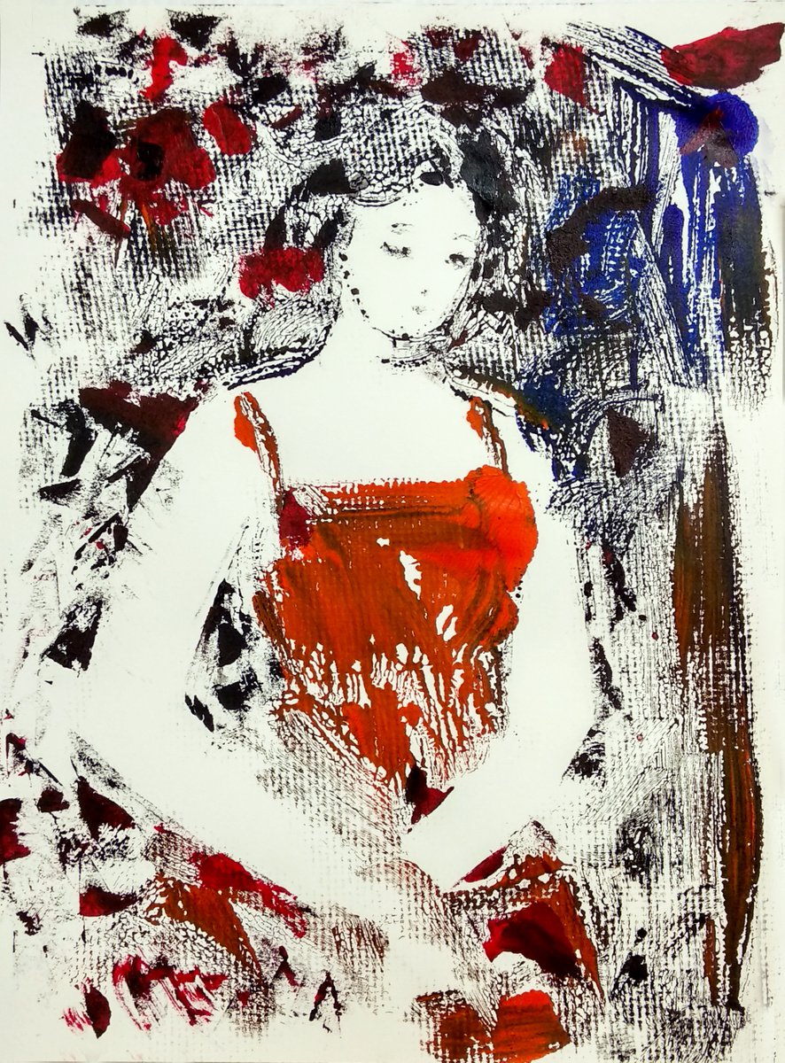 Woman in Red 7 Woman waiting - Monoprint by Asha Shenoy