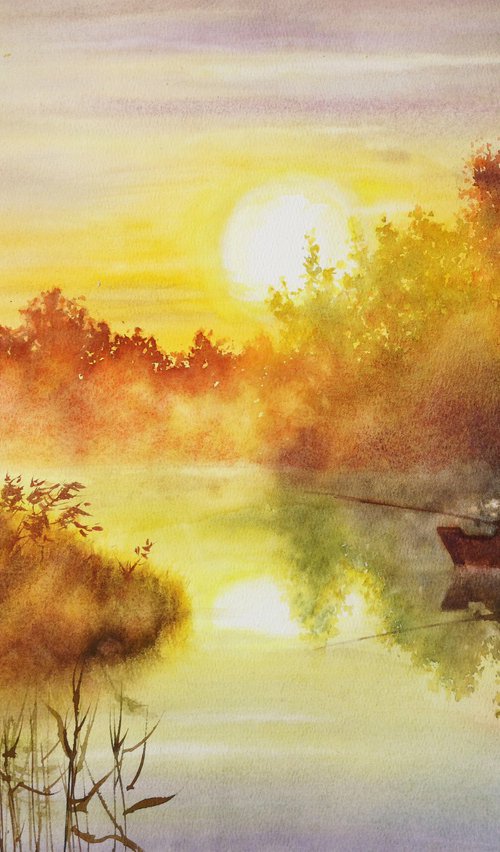 Foggy Serenity - Misty Sunrise by Olga Beliaeva Watercolour