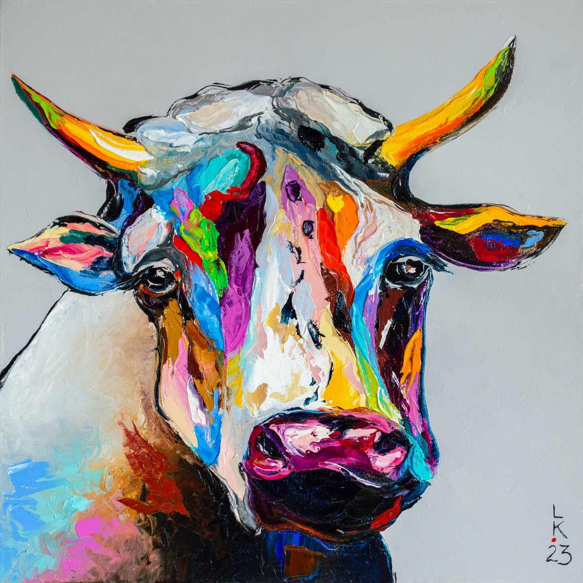 Oil Painting , Sad Cow By Liubov Kuptsova, 16 X 16, Artwork For Sale On Artfinder