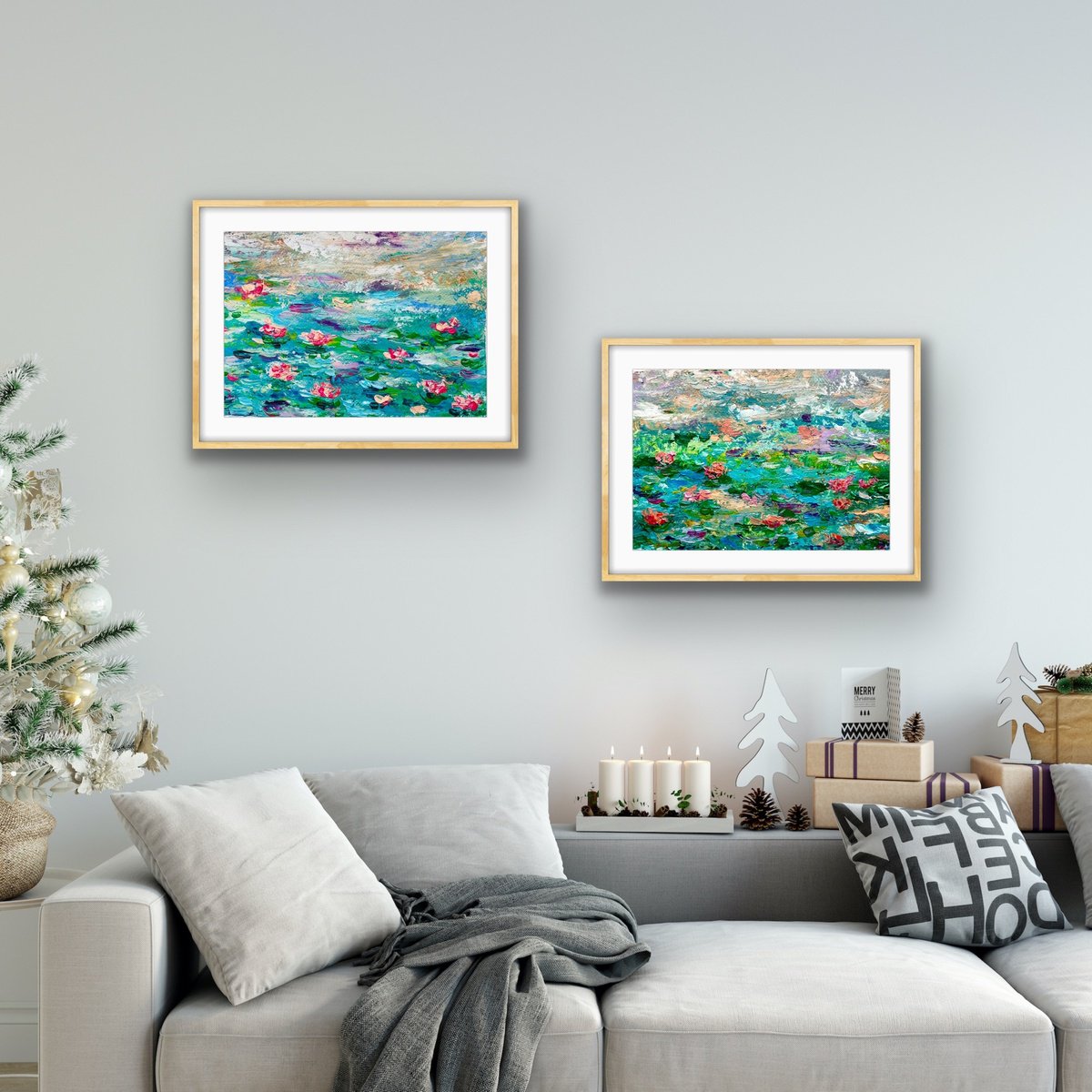 Impressionistic Botanical Acrylic Painting By Pooja Verma, 31 X 12", Blue Waterlily Pond - Diptych, Original Artwork
