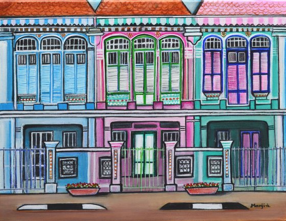 Peranakan Mansion- Singapore painting detailed cityscape on sale