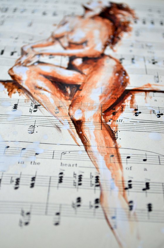 Nude 1 - Looking For The Sun - Collage Art on Vintage Music Sheet Page