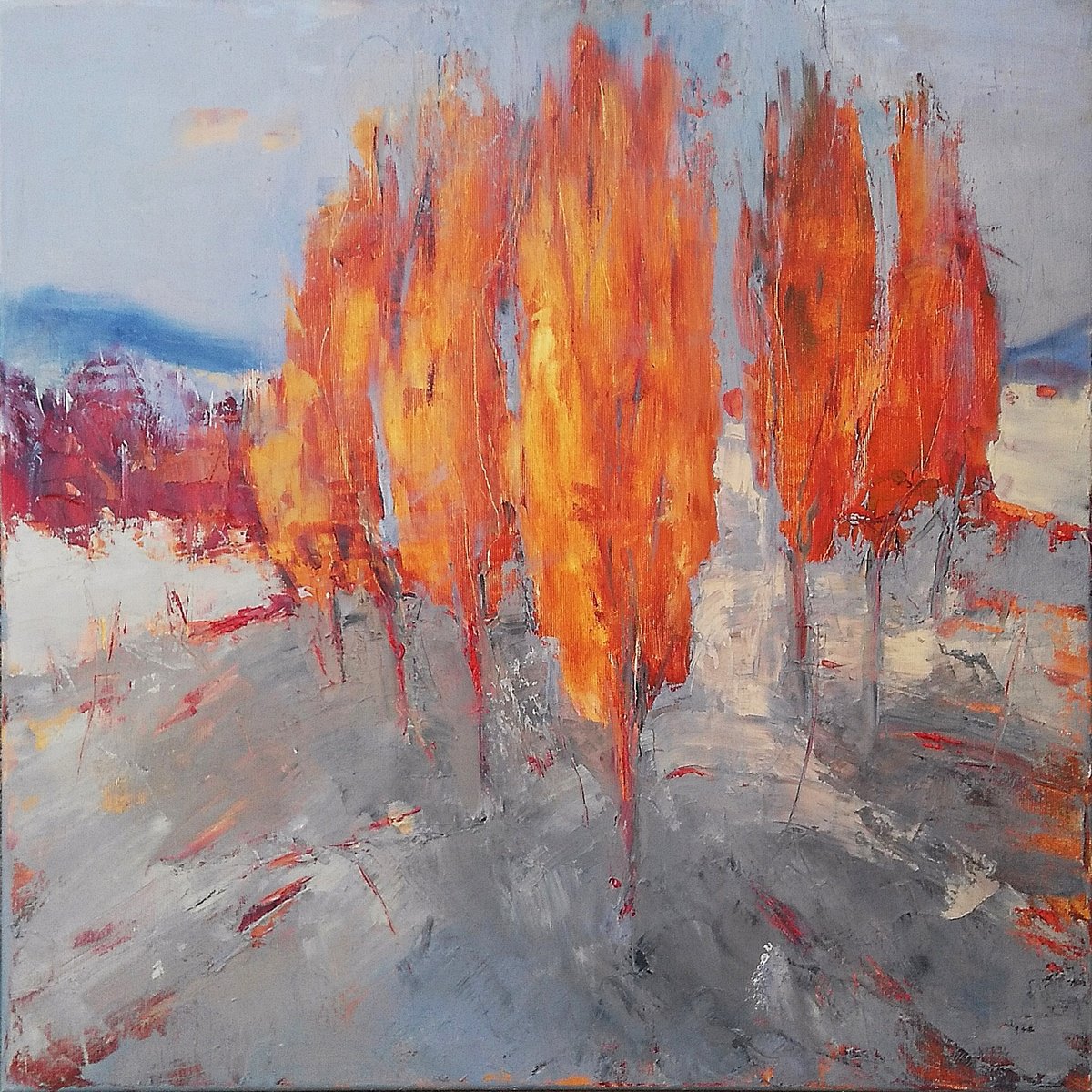 Expressive Landscape Oil Painting By Emilia Milcheva, 24 X 24, Not Letting Autumn Go, Original Artwork