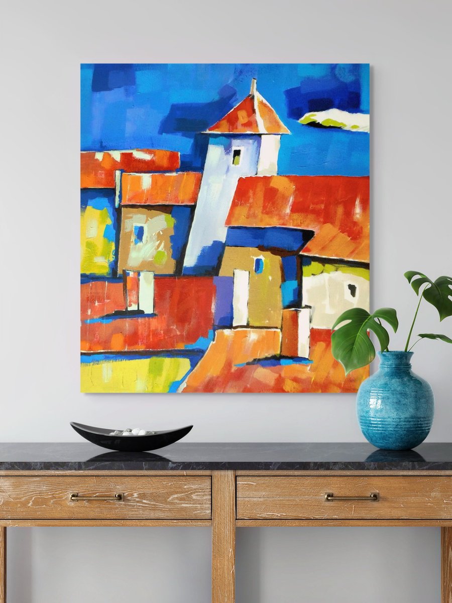 Abstract Cityscapes Oil Painting By Evgen Semenyuk, 28 X 31, Roofs Of The Old Town, Original Artwork