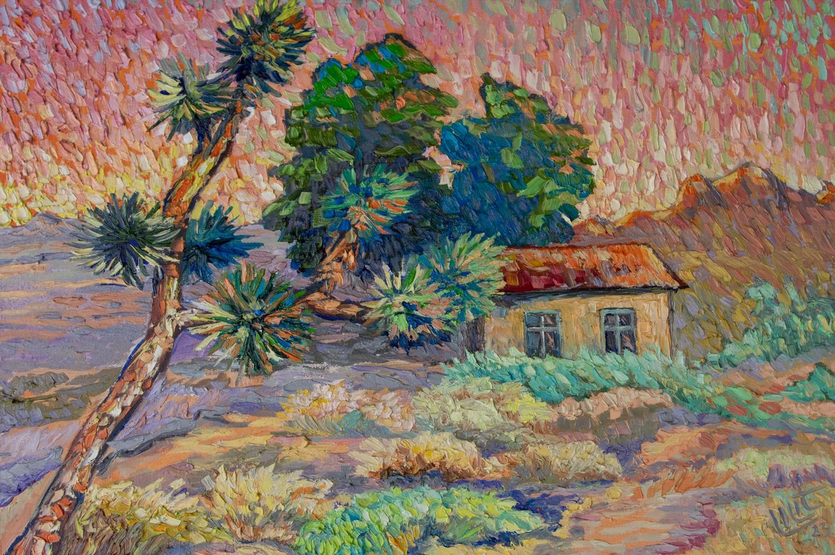 Impressionistic Landscape Oil Painting By Lilit Vardanyan, 24 X 16", Sunset In Desert (Joshua Tree), Original Artwork