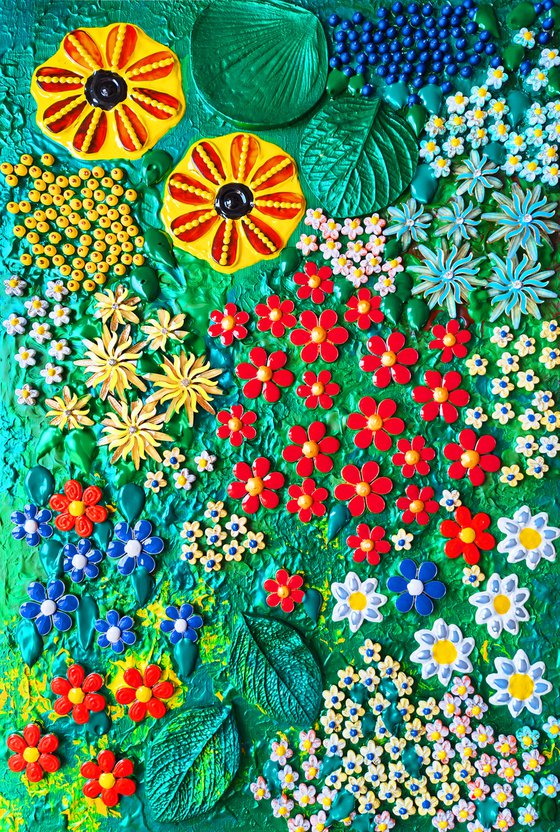 Сolorful summer garden with sunflowers, daisies, kosmeya, hydrangeas and asters. Amber, metal flowers, bas-relief, mosaic