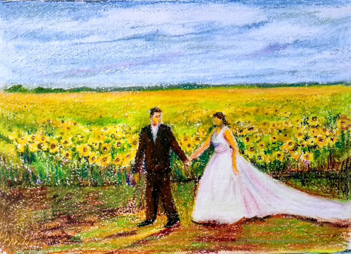 Newlyweds and Sunflower fields  Oil pastels on paper 11x 15 by Asha Shenoy