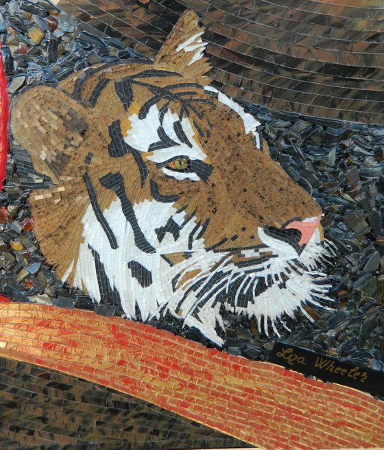 Moods - Original, unique, fantasy woman and tiger mixed media mosaic art in high-relief